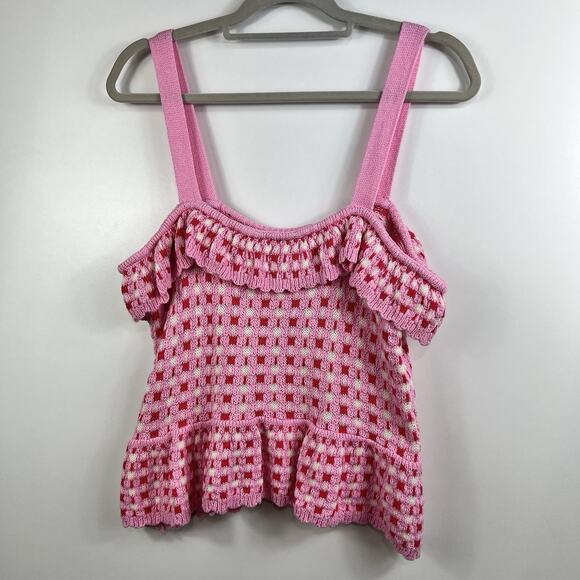 New Paid Crochet Entro Pink Red Knit Ruffle Crop Top Large Cotton Boho Kidscore - Picture 13 of 13
